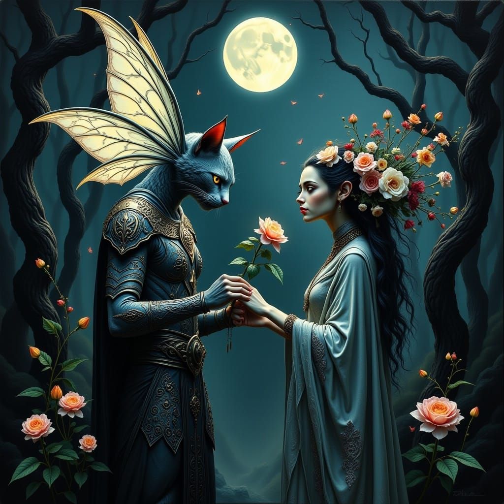 Cat Warrior Giving Flowers: Ethereal Digital Art