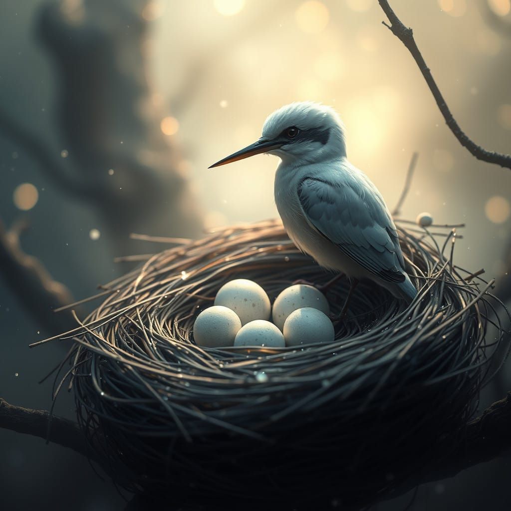 Ethereal Kingfisher Nest in Mystical Glittering Dreamscape