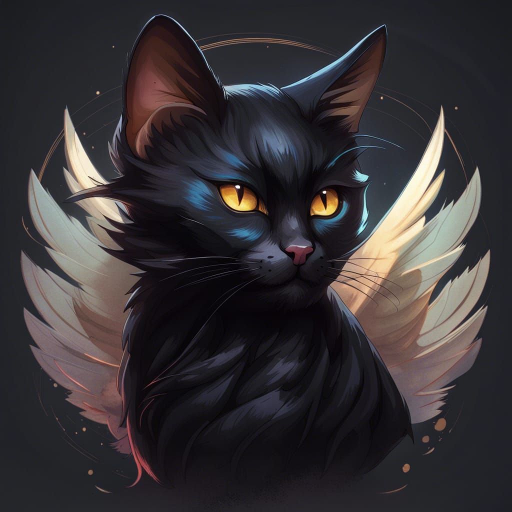 Winged Black Cat Portrait in Detailed Digital Art