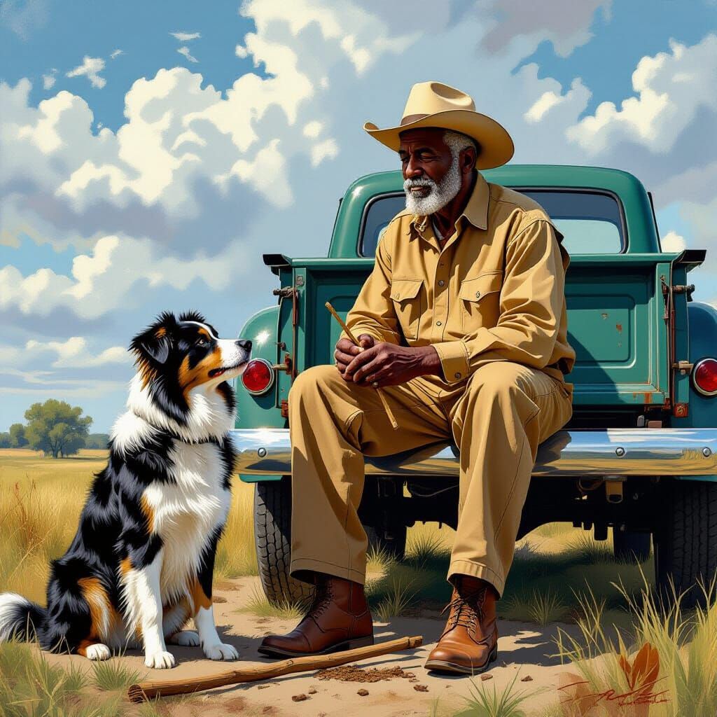 Elderly Man Carves Wood with Dog, 1948 Truck
