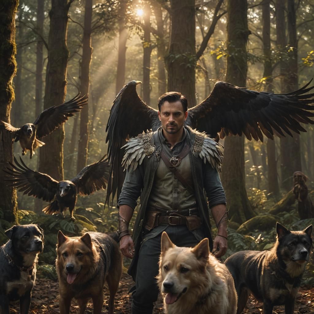 Dark Fantasy Warrior with Canine Companions in a Mystical Fo...