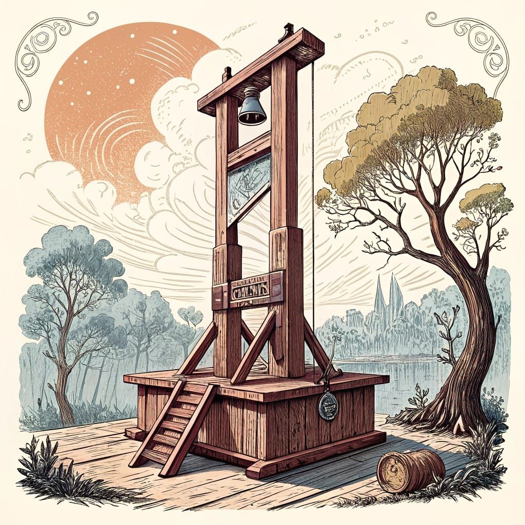 Surreal Guillotine Scene in a Dark Woodcut Style