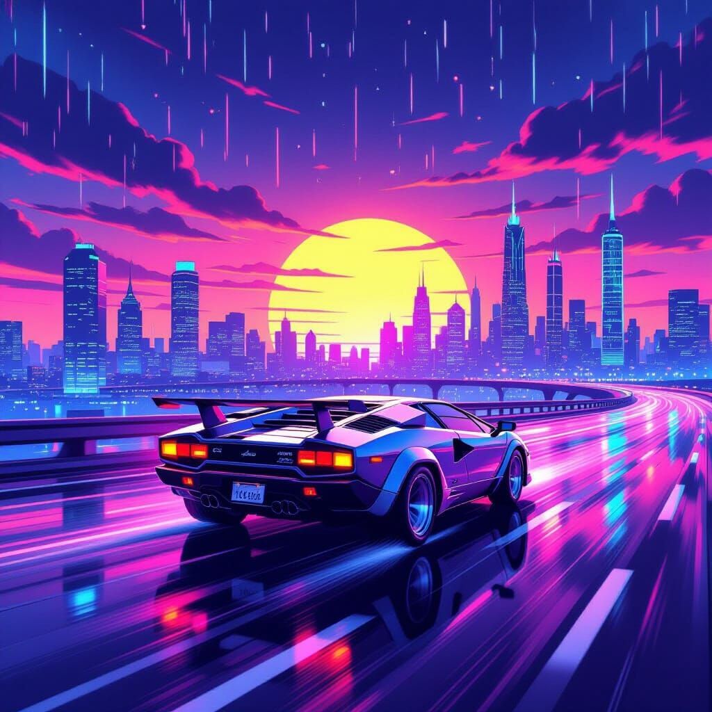 Lamborghini Countach Races to Cyberpunk City at Sunset
