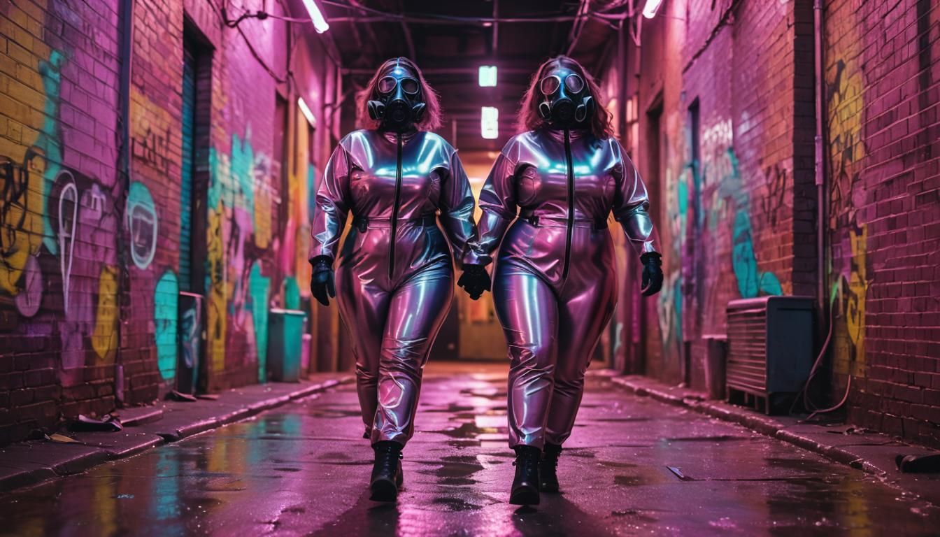 Neon Alleyway: Two Women in Latex Catsuits