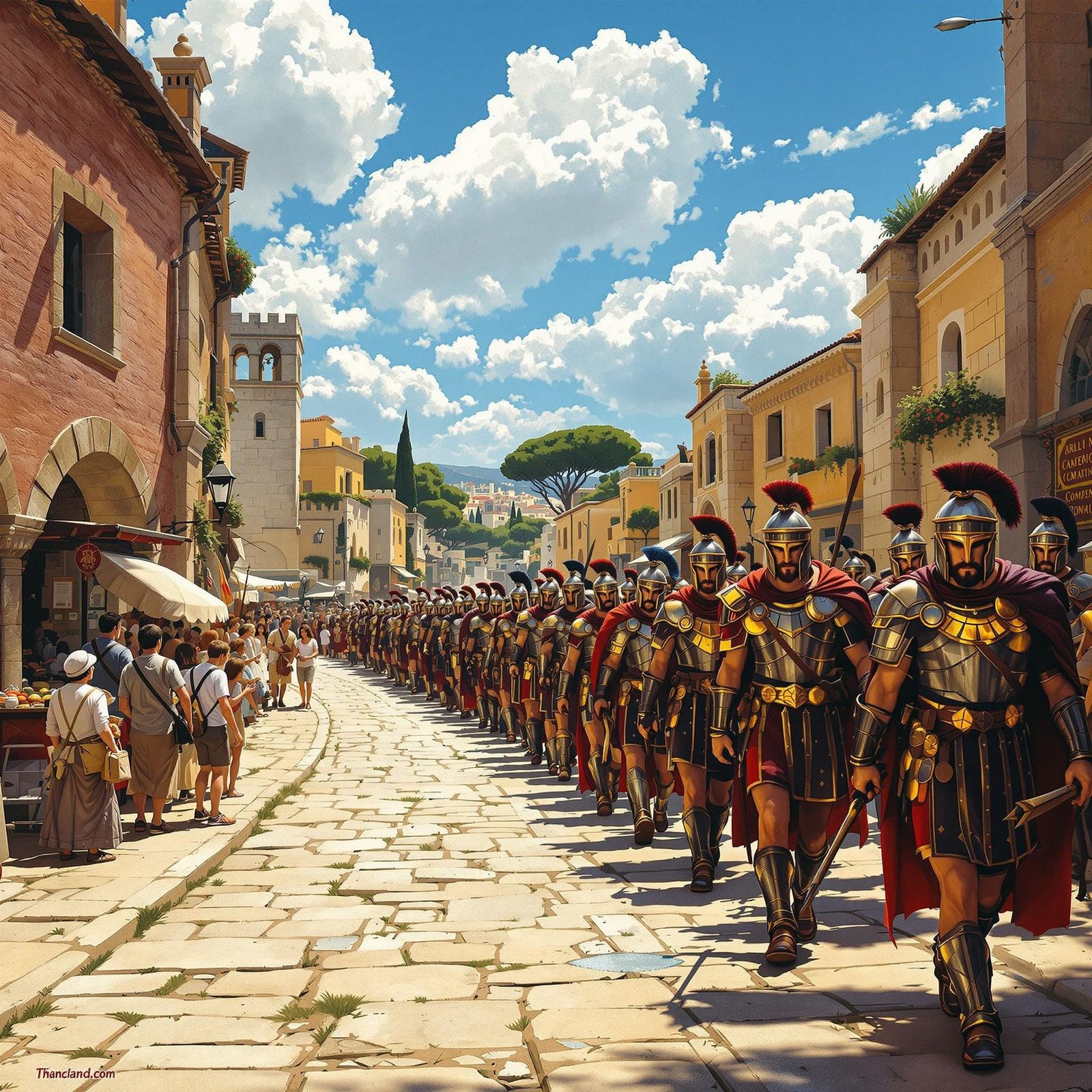 Roman Legion Marching Down Ancient Roman Road Through Bustli...