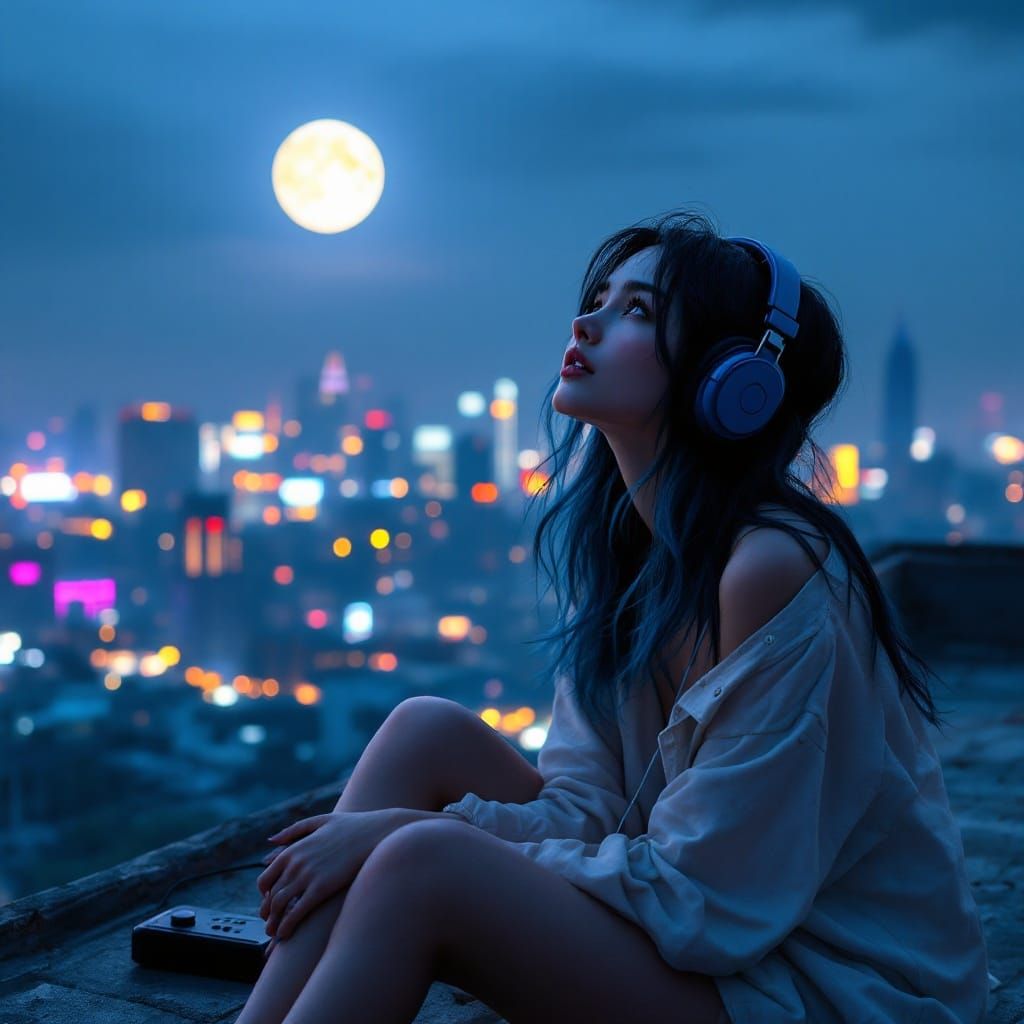 Surreal Nighttime Cityscape with Moody Contemplative Figure