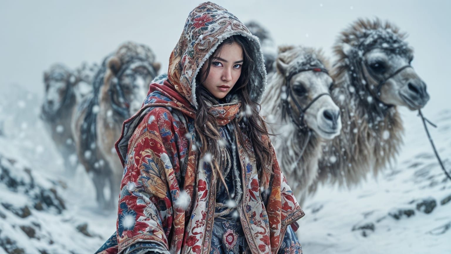 Mongolian Woman Leads Camel caravan Through Blizzard