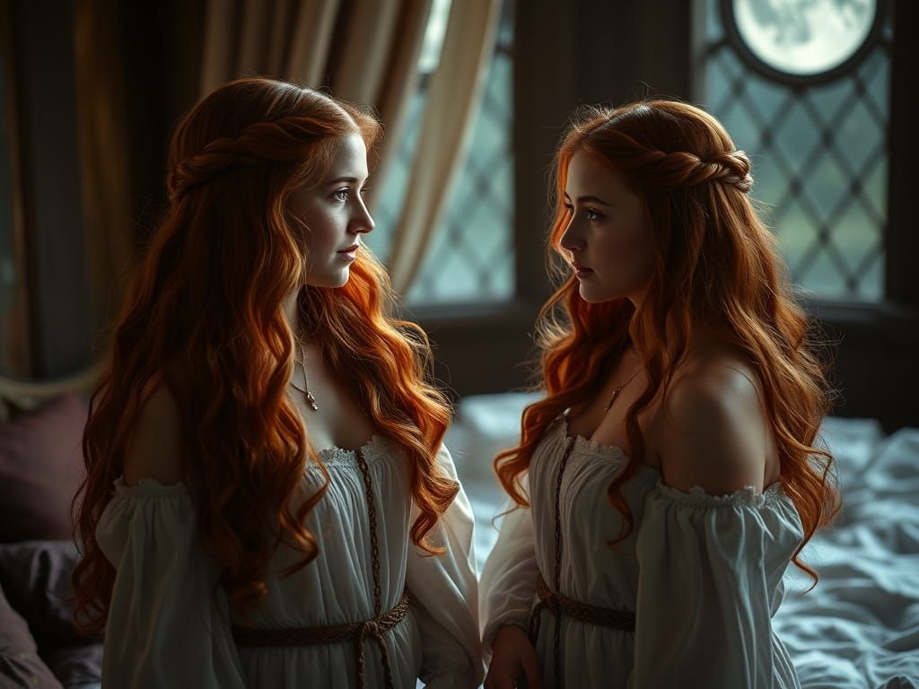 Medieval Princess Sisters in Tense Moment, Moonlit Night