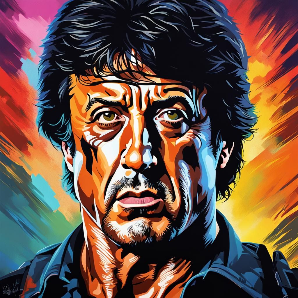 Hyperrealistic Portrait of John Rambo as Splash Art