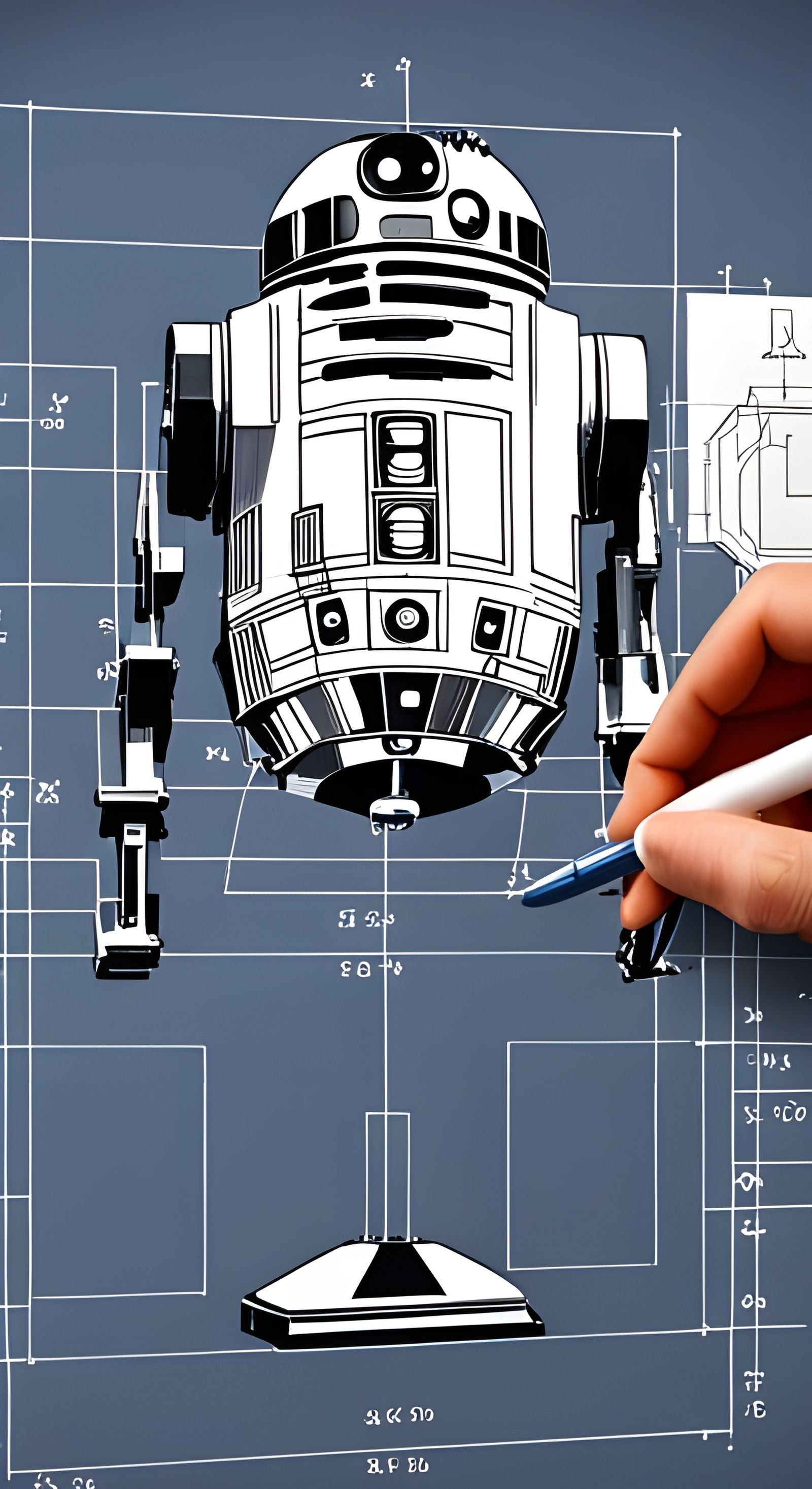 Realistic R2-D2 Droid Blueprints in White Pencil