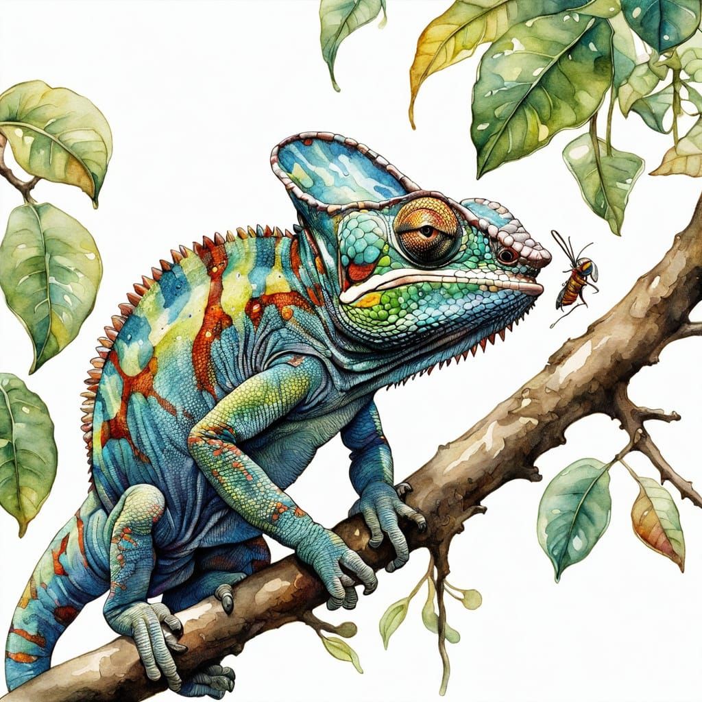 A colourful chameleon catching a fly with its long tongue. "...