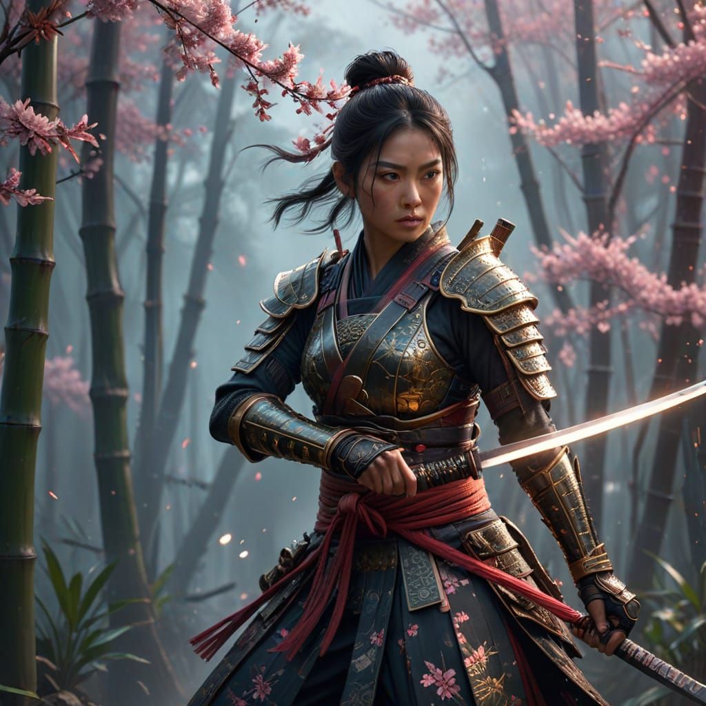 South Asian Samurai Warrior with Glowing Katana in Misty Bam...