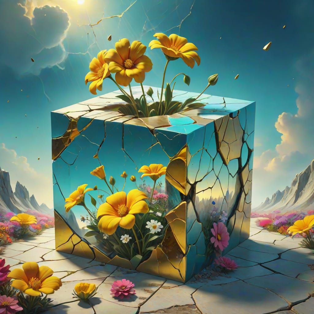Surreal Cracked Cube with Blooming Flowers