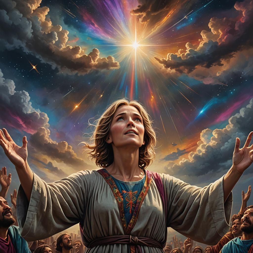 Woman Reaching for Jesus in Colorful Light