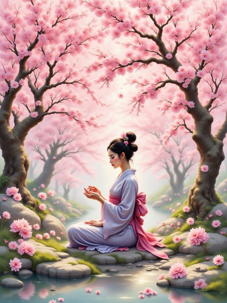 Geisha Meditating Under Cherry Tree in Japanese Ink Style