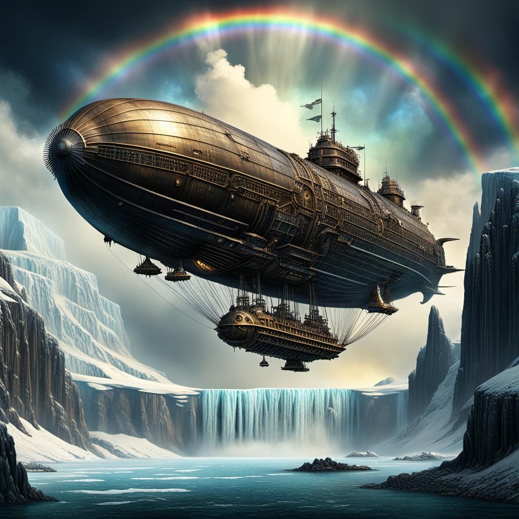 Steampunk Airship Emerges from Wormhole in Rainbows