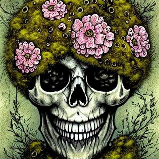 Moss and Flower Covered Skull