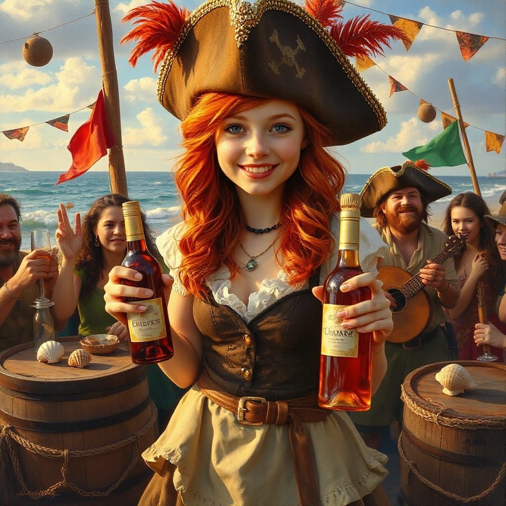 Redhead Pirate Captain Celebrates with Crew at Golden Hour