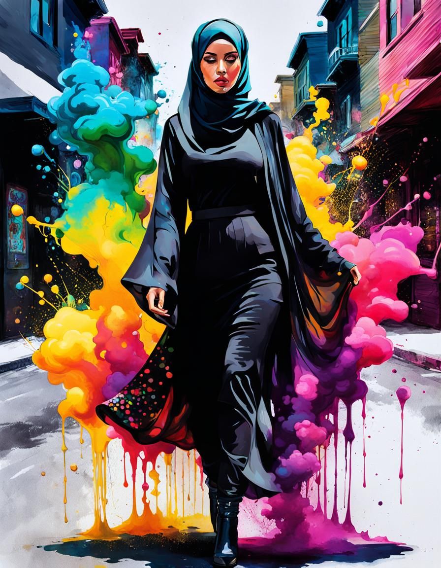 Psychedelic Hijabi Woman Portrait in Alcohol Ink Style