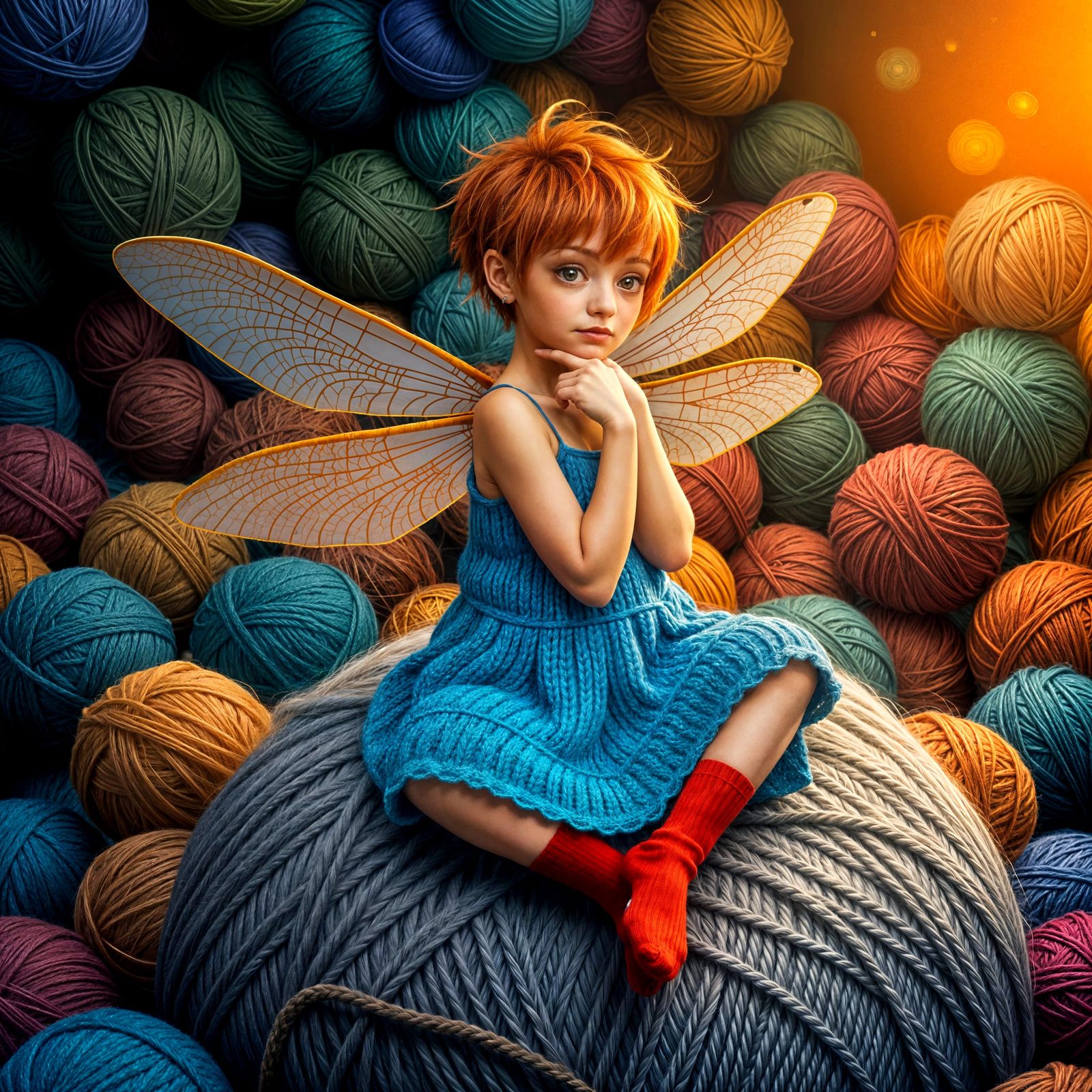 Girl Adorns Yarn Wonderland with Dragonfly Wings and Vibrant...