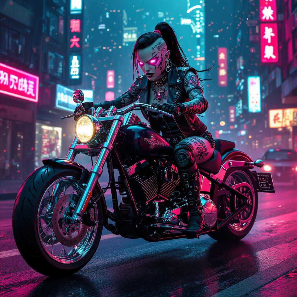 Orc Biker in Cyberpunk City, Hyperrealistic Dark Fantasy