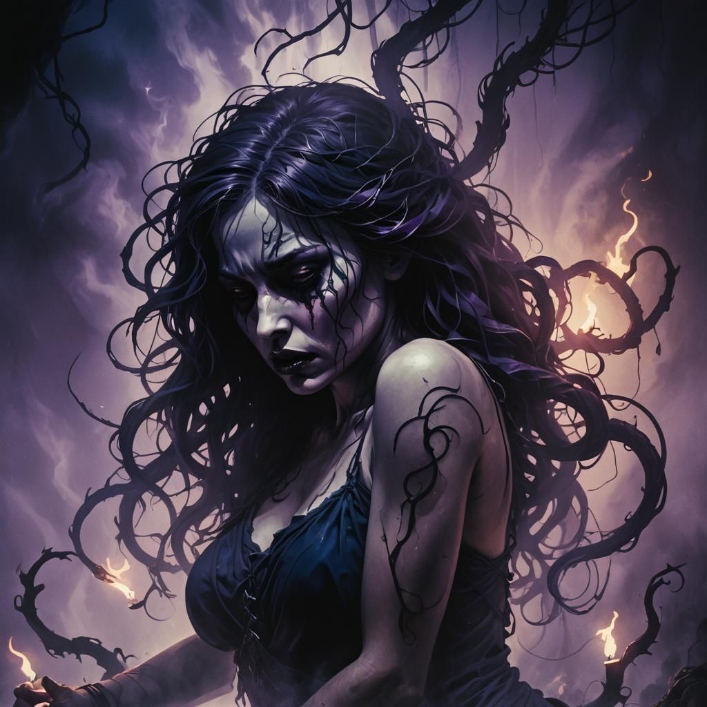 Dark Fantasy Female Figure Writhing in Agony