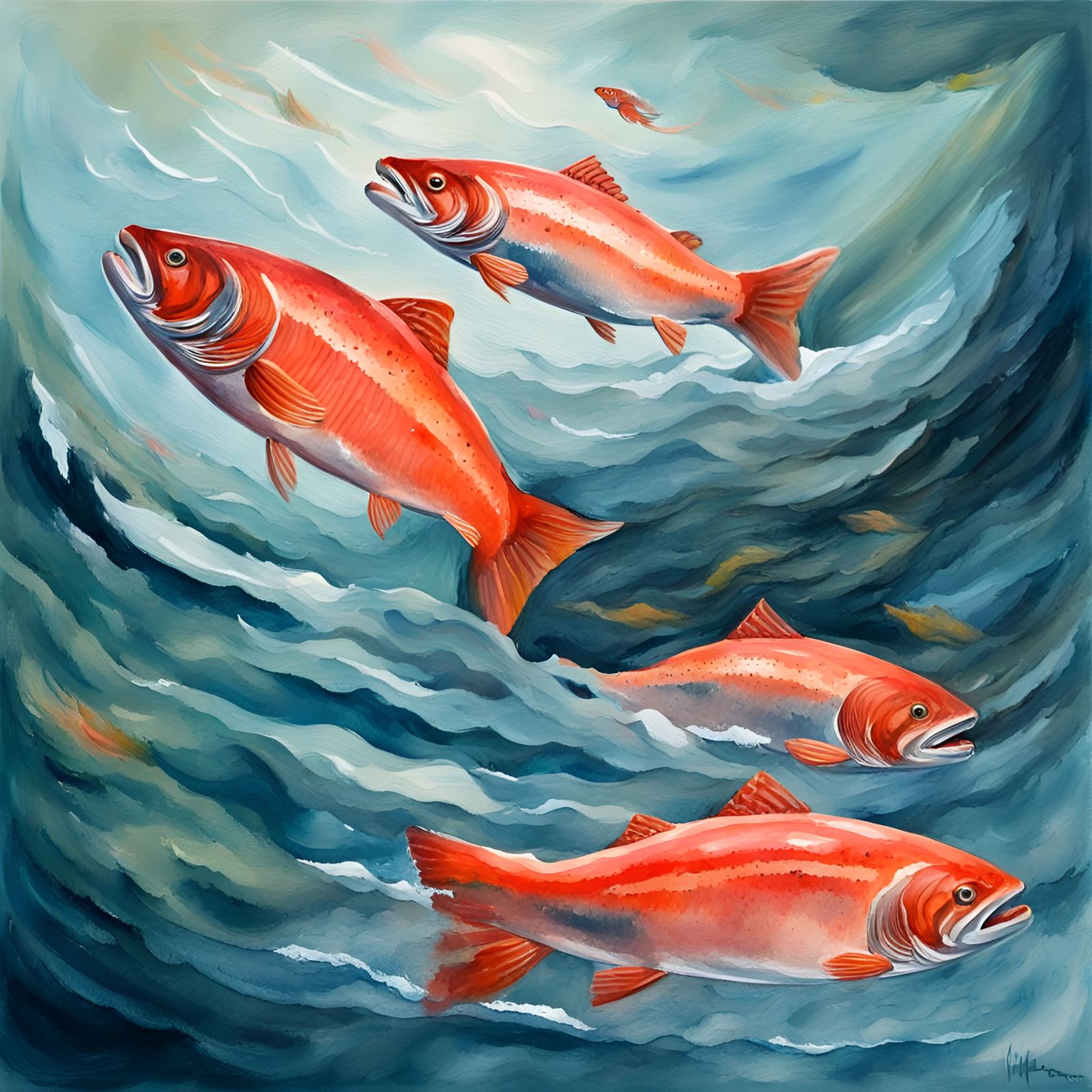 Salmon Swimming Upstream in Gouache Watercolor Style