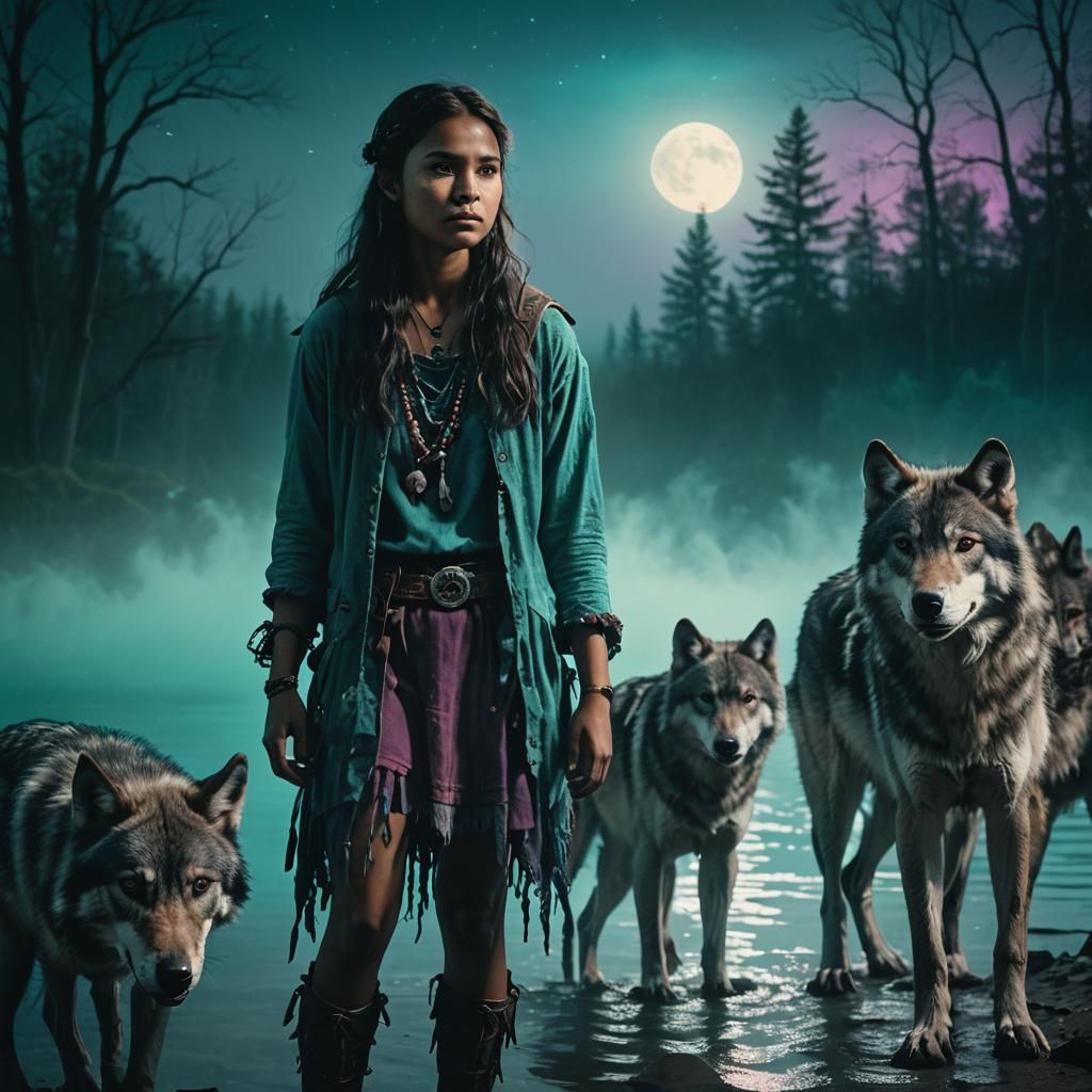 Cherokee Girl and Wolves by Turquoise Lake