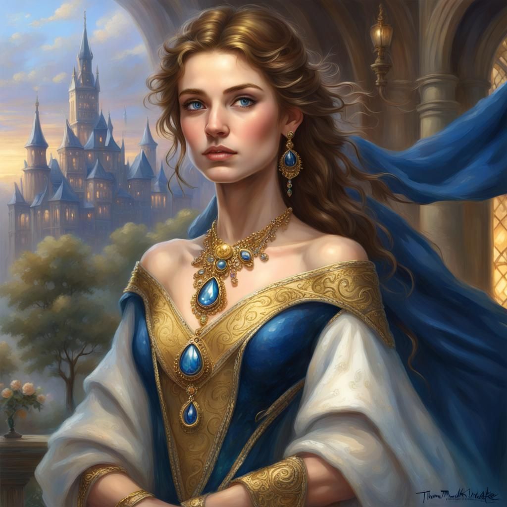 Ethereal Portrait of a Noble Woman in Blue and Gold