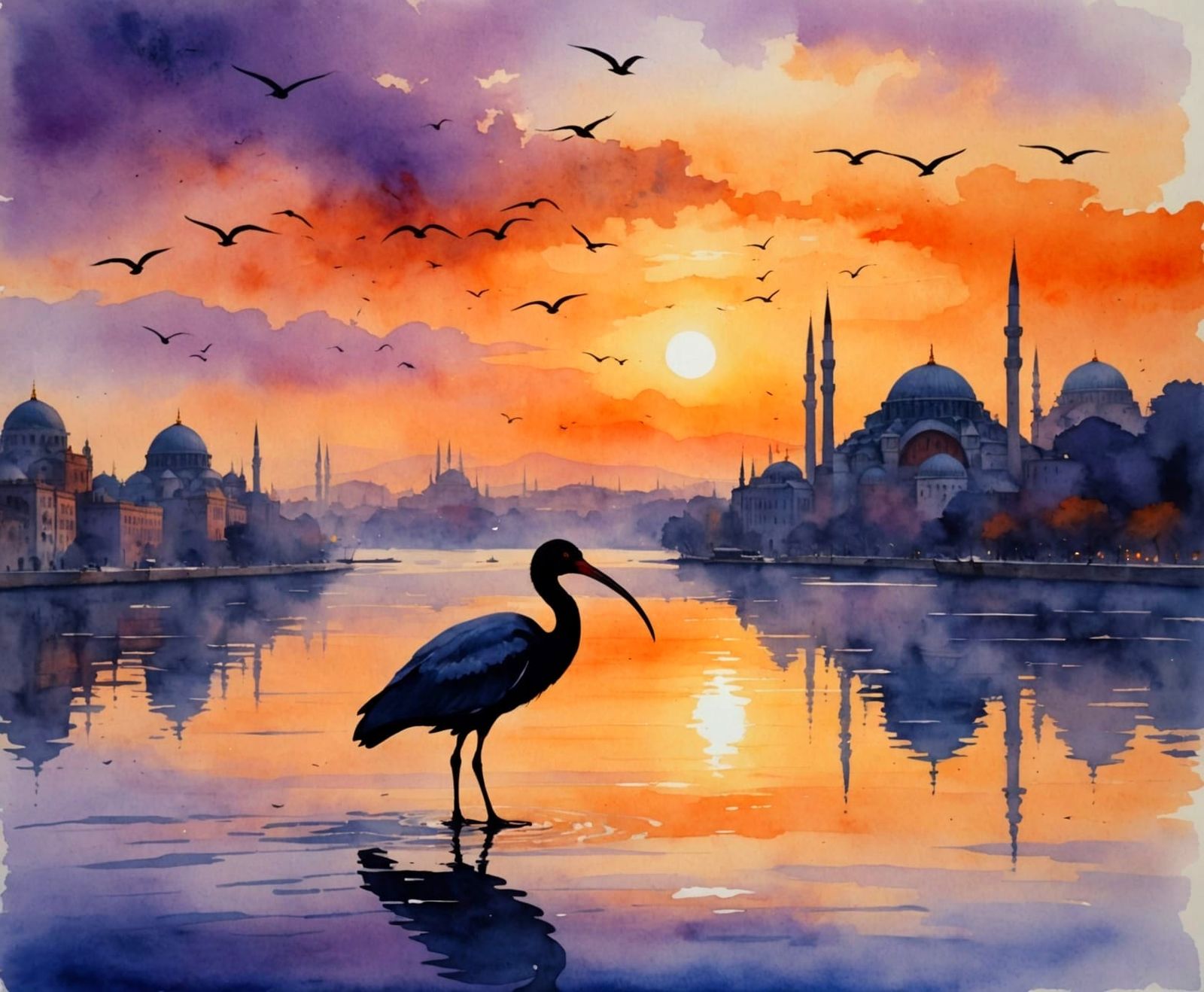 Ibis Silhouette at Sunset in Istanbul: Watercolor Art