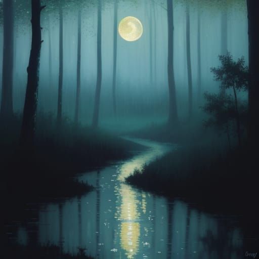 Impressionist Moonlit Forest Scene with Rain