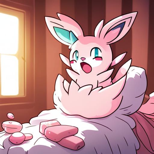 Sylveon Yawning on Bed in Anime Style