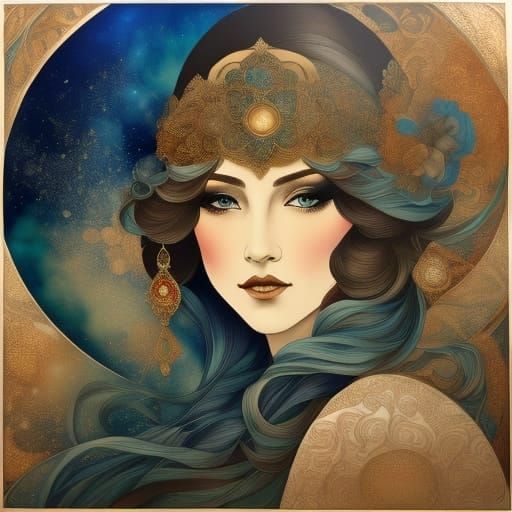 Art Nouveau Female Silhouette in Swirling Mist and Light