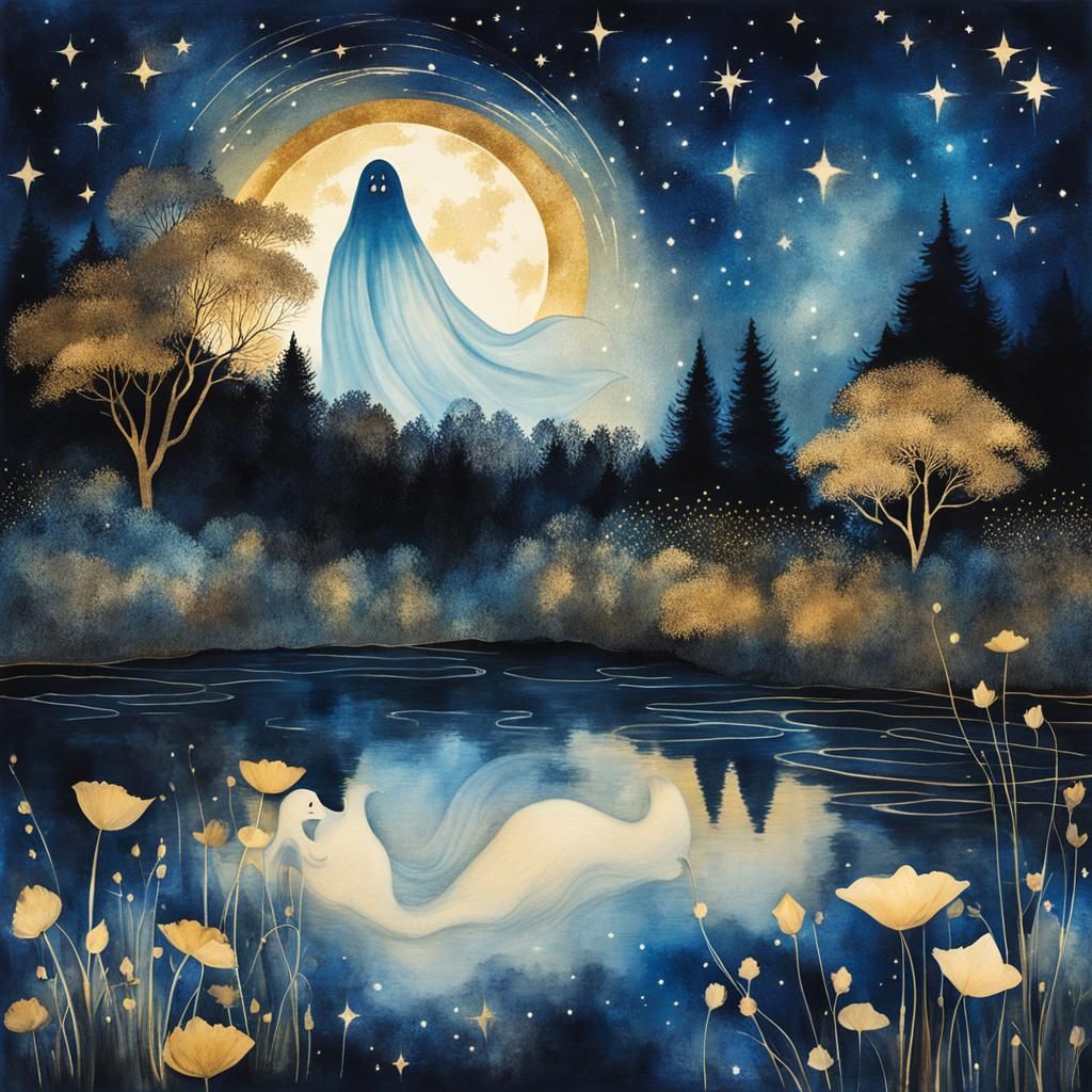 Translucent Ghost by Garden Pond Under Starry Night