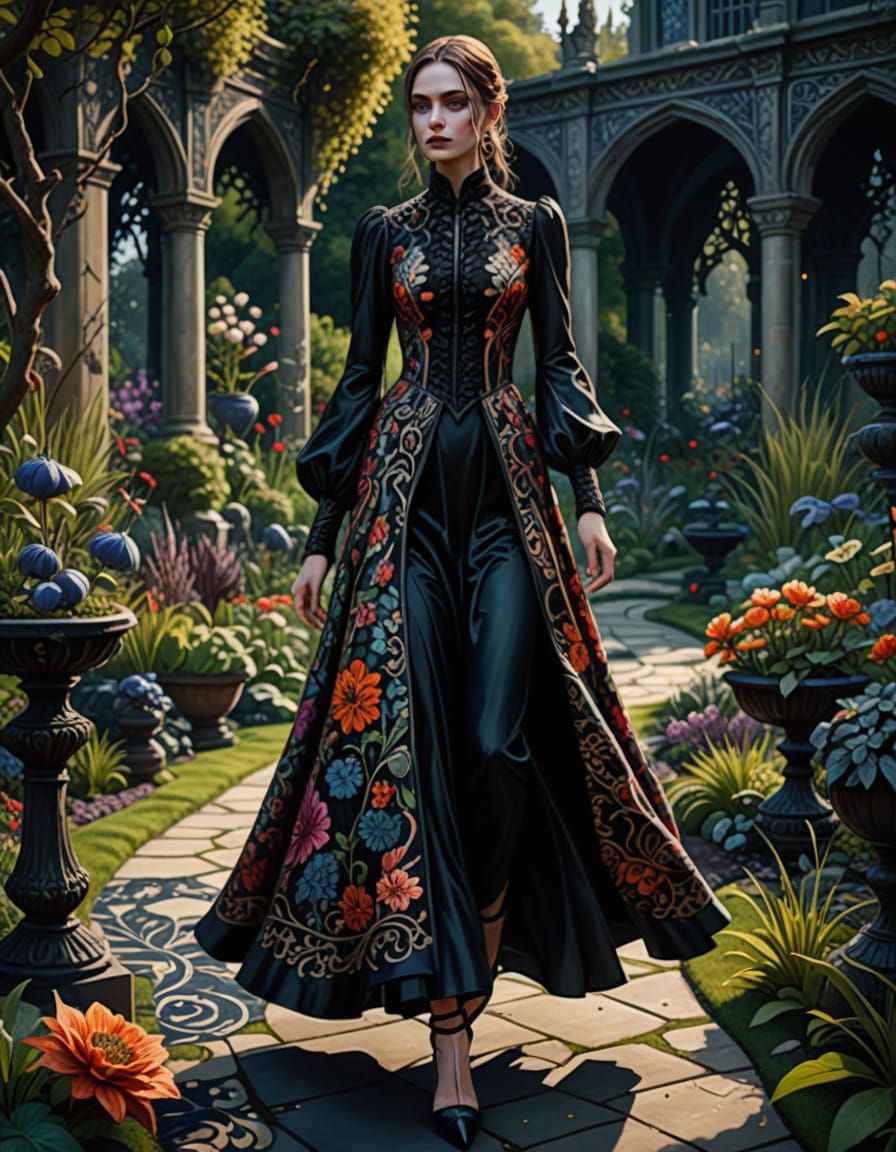 Gothic Garden Concept Art: Elegant Woman in Shimmering Silk