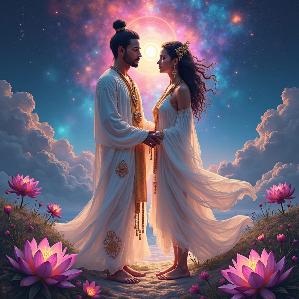 Divine Union: Androgynous Couple in Cosmic Art Style
