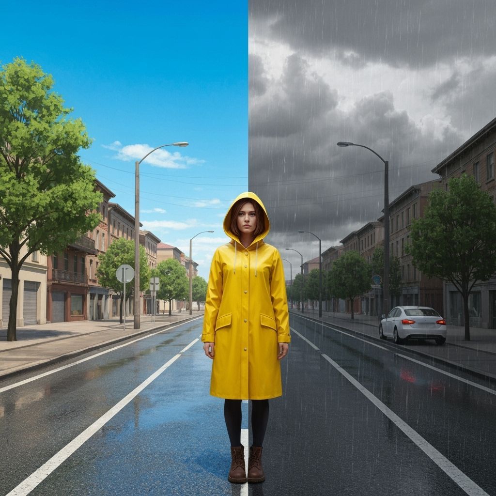 Woman in Yellow Raincoat: Sunny vs Rainy Street Split