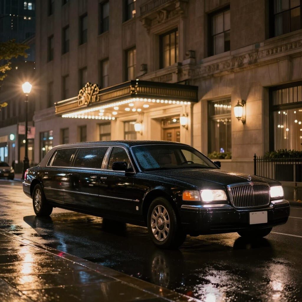 Sleek Black Limo Outside Grand Hotel at Night