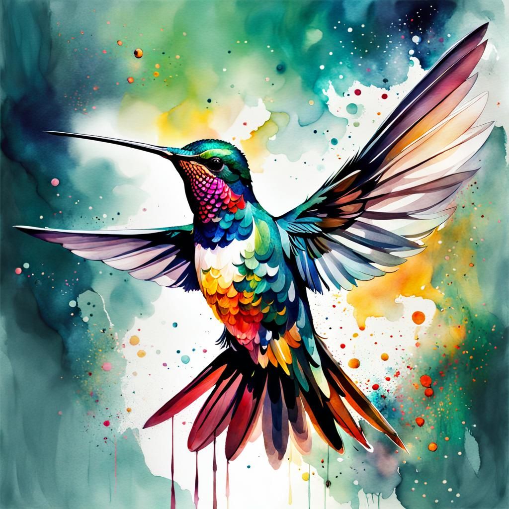 Fairytale Hummingbird in Digital Watercolor Art