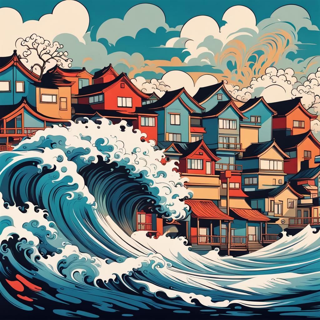 Whimsical Town Meets the Great Wave: Abstract Art