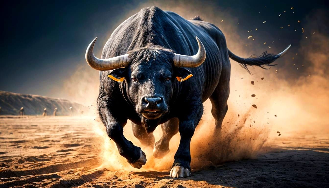 Hyperrealistic Black Bull Charges in Dramatic Arena
