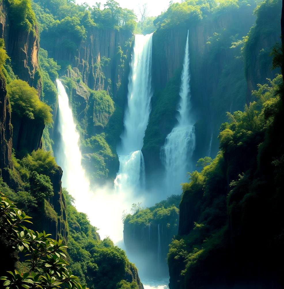 Breathtaking Waterfall in Dramatic Digital Painting