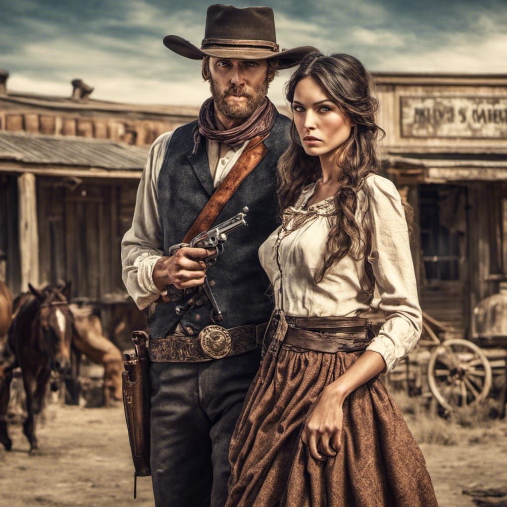 Stern Wild West Couple in Hyperrealistic Style