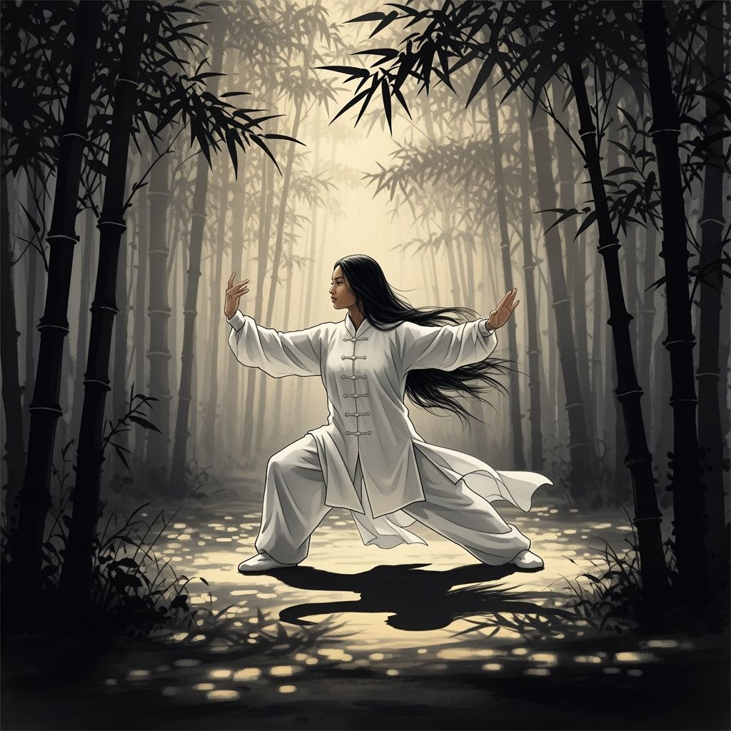 Woman in Bamboo Forest: Chinese Ink Wash Painting