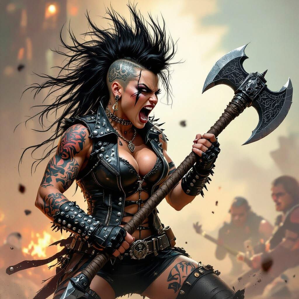 Fierce Female Rockstar Barbarian with Crystal Axe