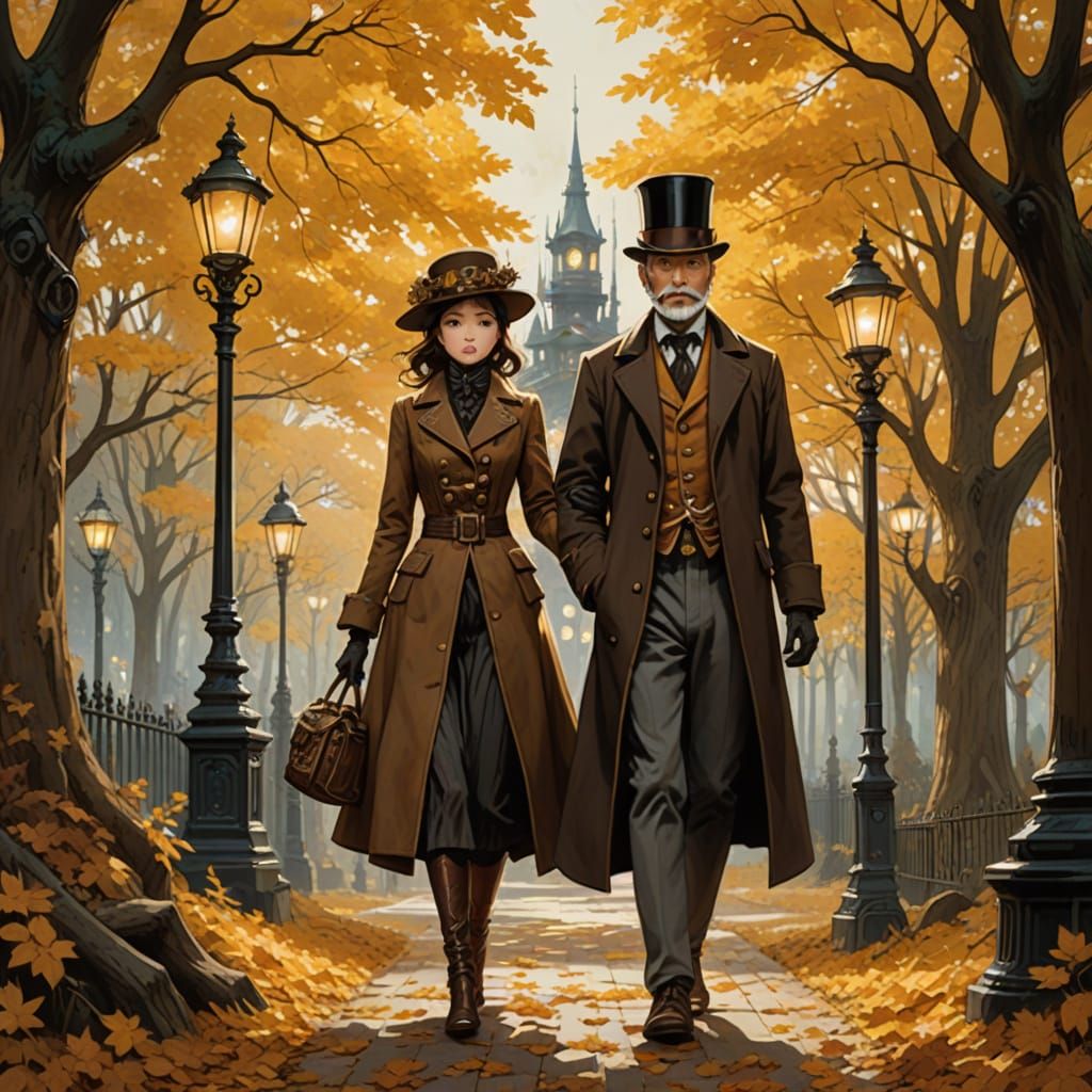 Steampunk Couple Stroll Through Golden Autumn Park