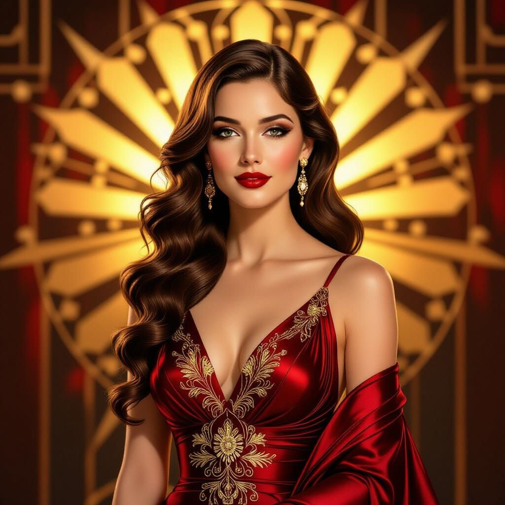 Art Deco Portrait of Woman in Crimson Silk Gown