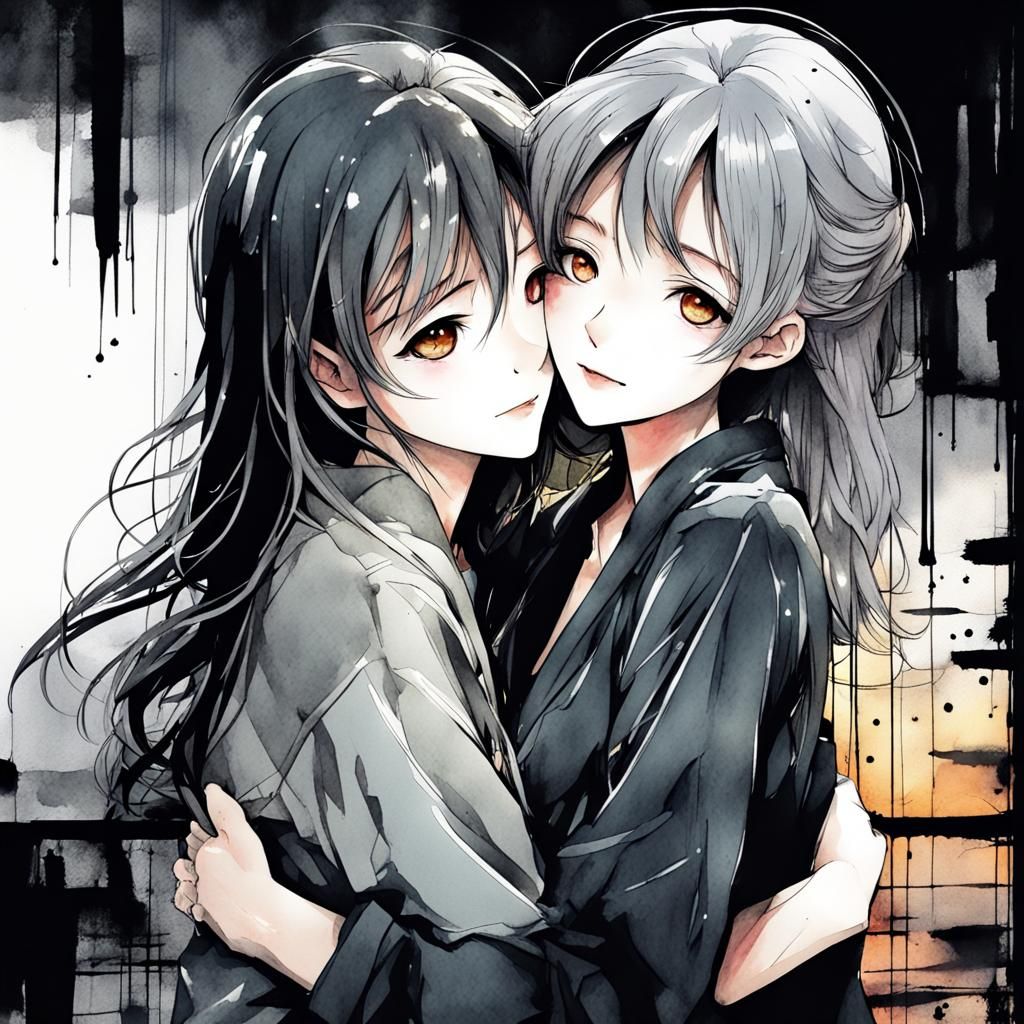 Anime Girls Hugging in Watercolor Style