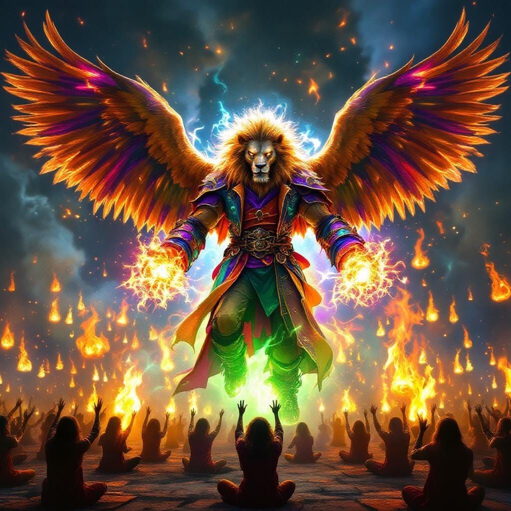 Winged Lion Humanoid Conjuring Energy in a Fiery Scene