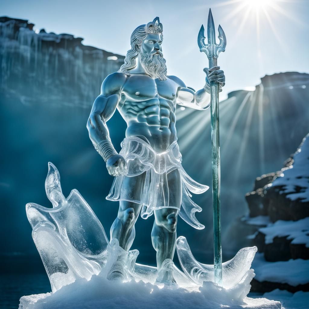 Ice Sculpture of Poseidon in Sunlight